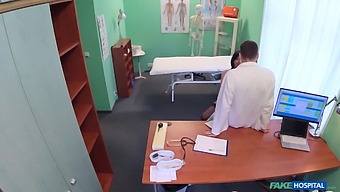 Married Woman Has Sex With Her Doctor Immediately After Her Husband Leaves The Room In A Fake Hospital Scene.